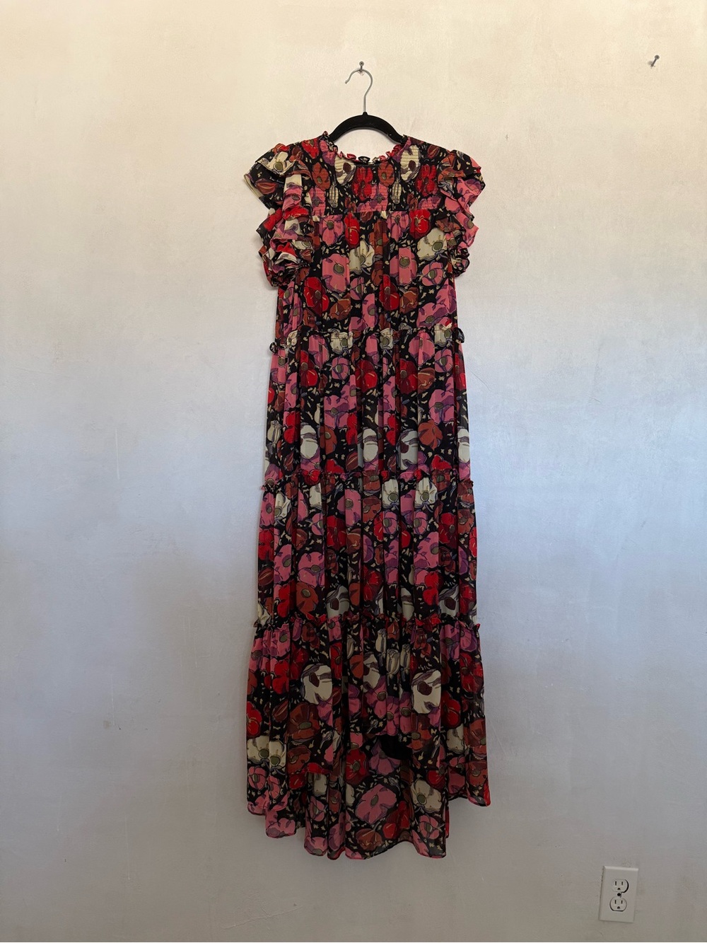 Floral Pink Red Maxi Dress with Ruffle Sleeves